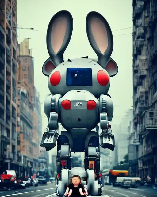 Image similar to epic pose!!! giant oversized battle rabbit robot chubby mech baby wheelchair double decker with giant oversized ears and rabbit babies ,in busy city , full body , Cinematic focus, Polaroid photo, vintage , neutral dull colors, soft lights, foggy mist , by oleg oprisco , by national archives, by discovery channel, by victor enrich , by gregory crewdson