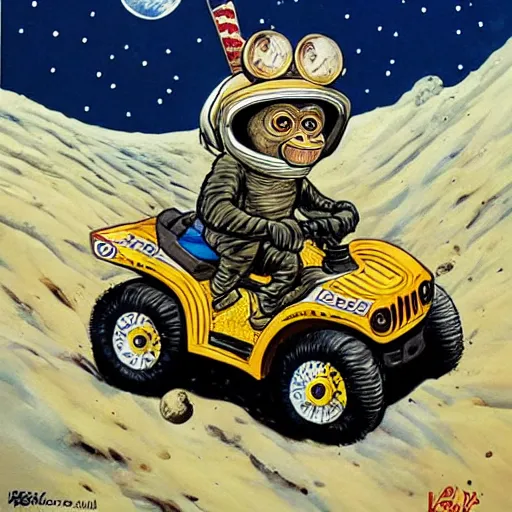 Prompt: painting of monkey in tuxedo riding an atv on the moon, jack davis style