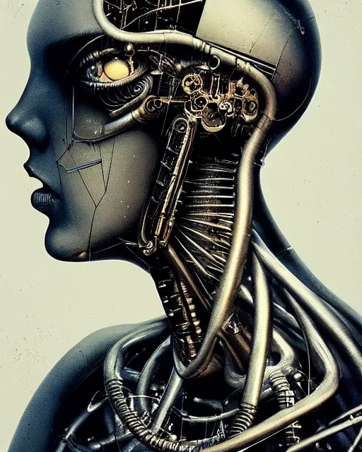 Image similar to a young beautiful female cyborg profile face, by h. r. giger, by ismail inceoglu, by kiki smith, glamor shot, vintage, closeup, f / 2. 8, low contrast, 1 6 k, rim lighting, cinematic lighting, insanely detailed and intricate, hypermaximalist, elegant, ornate, hyper realistic, super detailed