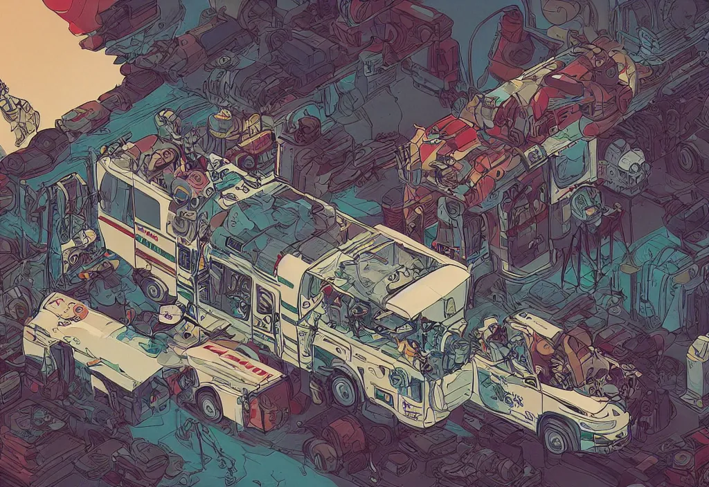 Image similar to handmade illustration of an ambulance, line art, ink, watercolor by Kilian Eng and by Jake Parker, winning-award masterpiece, fantastic, octane render, 8K HD Resolution, High quality image