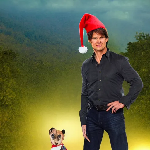 Prompt: tom cruise in costume with a christmas hat and a small dog. tropical forest in the background. sunset lighting. in the style of hallmark channel