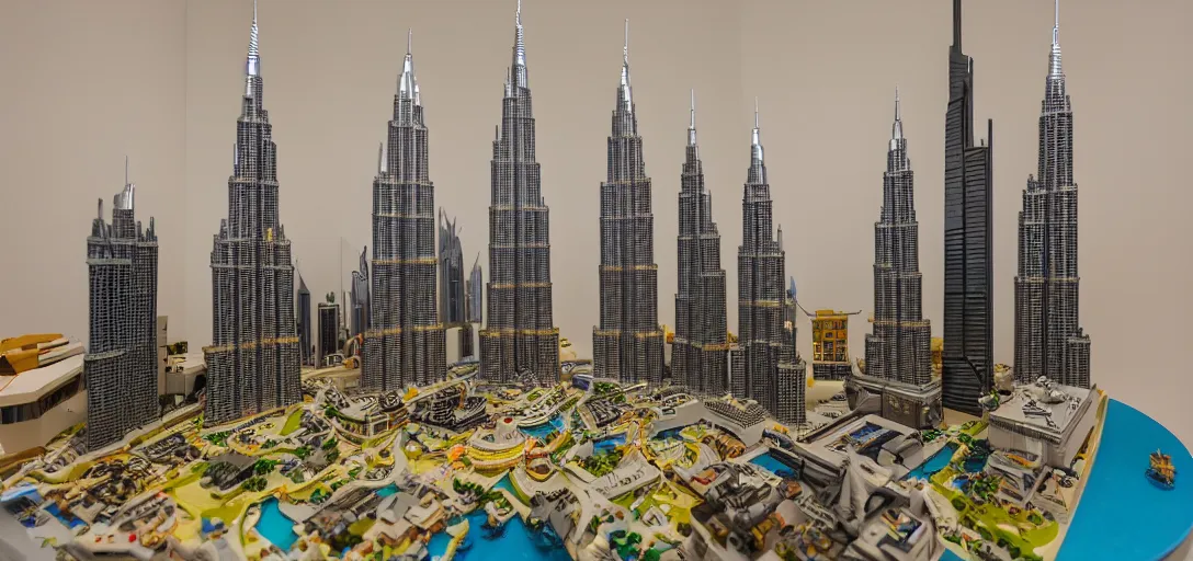 Prompt: detailed lego build of burj khalifa, dubai on basement table, professional photo, professional lighting, HDR