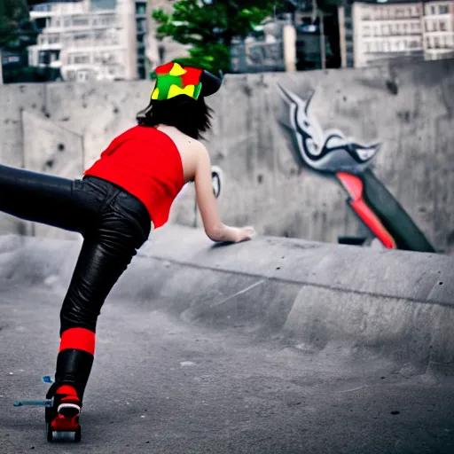 Prompt: Jet Set Radio, Teenage girl, French girl, black beret, black beret with a red star, black shirt with red star, black leather shorts, parkour, freerunning, rollerblading, rollerskates, city on a hillside, colorful buildings, futuristic city