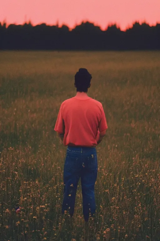 Image similar to agfa vista 4 0 0 photograph of a guy standing in a field of human skulls, back view, synth vibe, vaporwave colors, lens flare, moody lighting, moody vibe, telephoto, 9 0 s vibe, blurry background, grain, tranquil, calm, faded!,