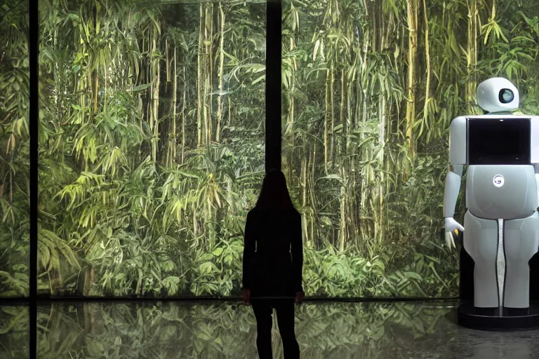 Image similar to humanoid robot staring at her reflection in a monolith, from 2001, in an urban jungle, volumetric lighting, surrounded by crt monitors, low-light photograph, in the style of jack bridgeland