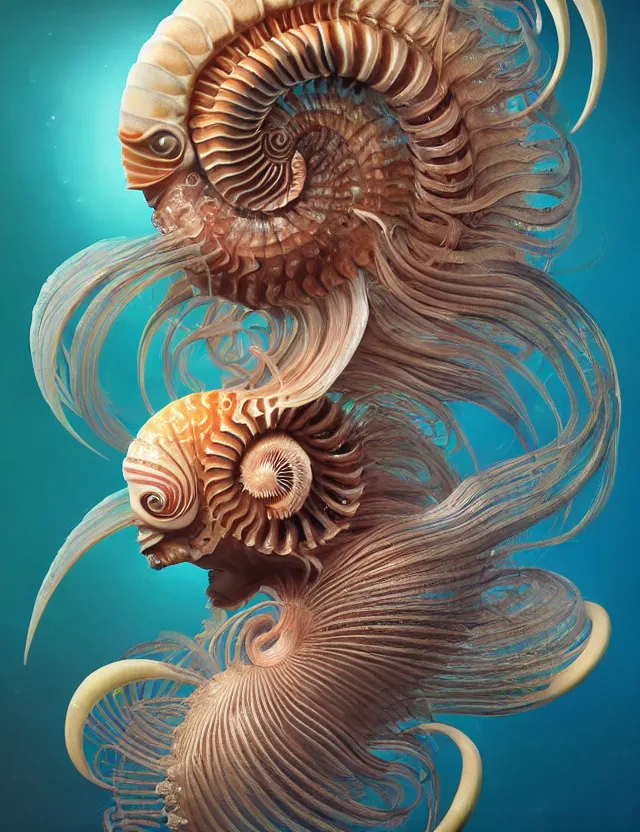 Image similar to 3 d goddess nautilus half - turn portrait with long hair with ram skull. beautiful intricately detailed japanese crow kitsune mask and clasical japanese kimono. betta fish, jellyfish phoenix, bio luminescent, plasma, ice, water, wind, creature, artwork by tooth wu and wlop and beeple and greg rutkowski