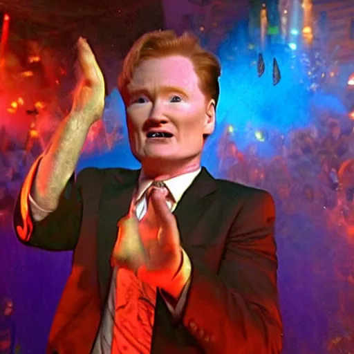 Prompt: Conan O'Brien raving at a disco, found footage,