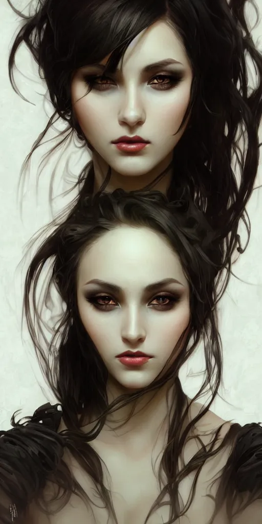 Image similar to a beautiful dark hair girl with black makeup in the eyes, fantasy, portrait, sharp focus, intricate, elegant, digital painting, artstation, matte, highly detailed, concept art, illustration, ambient lighting, dark background art by ilya kuvshinov, artgerm, Alphonse Mucha, and Greg Rutkowski