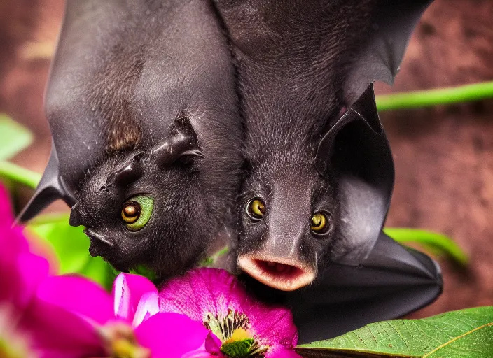 Image similar to super macro of a fruit bat drinking from a flower in the forest. fantasy magic style. highly detailed 8 k. intricate. nikon d 8 5 0 3 0 0 mm. award winning photography.