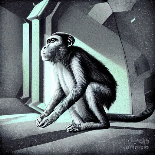 Prompt: macaque inside alien base, digital art, soft shadows, creepy art