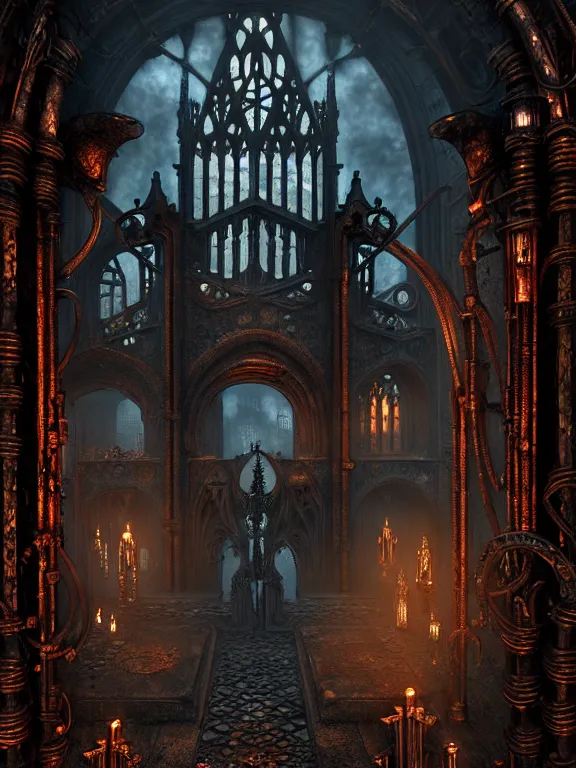 Image similar to steam necropolis, memento mori, gothic, neo - gothic, art nouveau, hyperdetailed copper patina medieval icon, stefan morrell, philippe druillet, ralph mcquarrie, concept art, steampunk, unreal engine, detailed intricate environment, octane render, moody atmospherics, volumetric lighting, ultrasharp, ominous, otherworldly