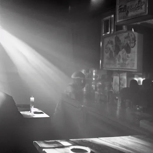 Image similar to a still of jesus sitting down on a stool at the bar, last call. it's dark and smoky. god rays through fog.