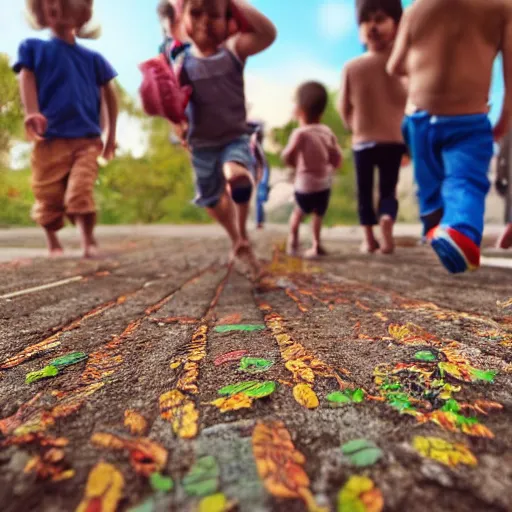 Prompt: realistic picture, child run with his friends, fine details, highly detailed, intricate, fine facial proportionate, fine body proportionate, smooth sharp focus