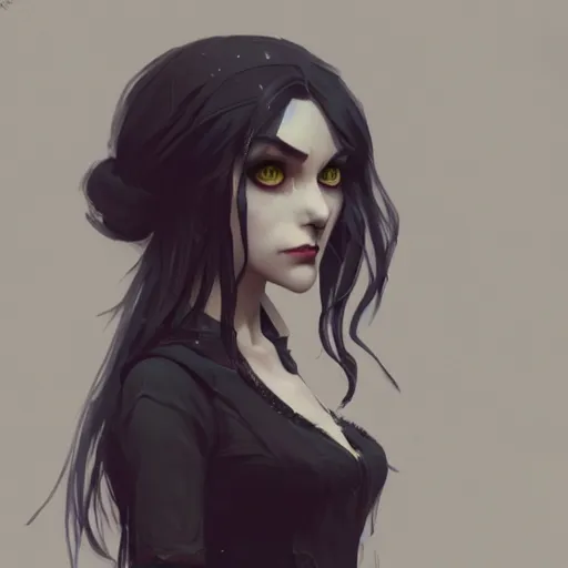 Image similar to female human vampire witch in the style of greg rutkowski, makoto shinkai, trending on artstation, character design, concept art, pretty face, highly detailed, long black hair, portrait, digital art