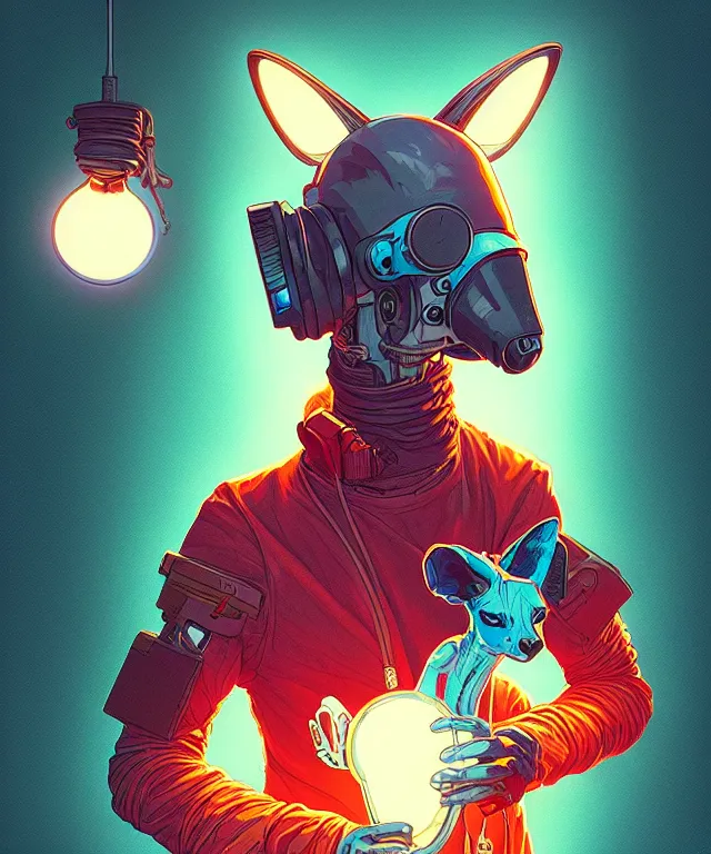 Prompt: a portrait of a cyberpunk kangaroo holding a light bulb, fantasy, elegant, digital painting, artstation, concept art, matte, sharp focus, illustration, art by josan gonzalez