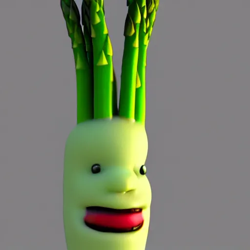 Prompt: poorly rendered 3 d asparagus character with scary face