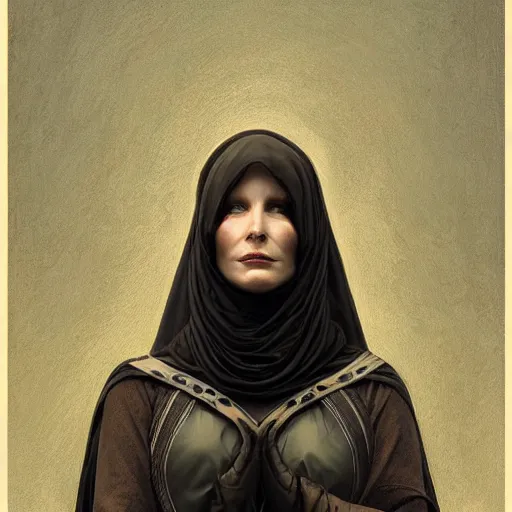 Image similar to portrait, female bene gesserit, bee keeper, dark clothes, veiled face, hidden face, d & d, fantasy, intricate, elegant, highly detailed, digital painting, artstation, concept art, matte, sharp focus, illustration, art by artgerm and greg rutkowski and alphonse mucha