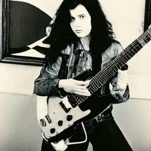 Image similar to 19-year-old girl, thick black shaggy hair, wearing leather jacket and denim jeans, holding electric guitar, stoner rock, super 8mm, 1973