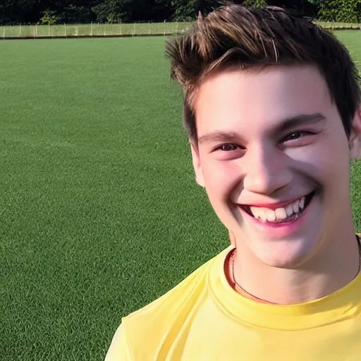 Image similar to young guy standing on a field, smiling into the camera.