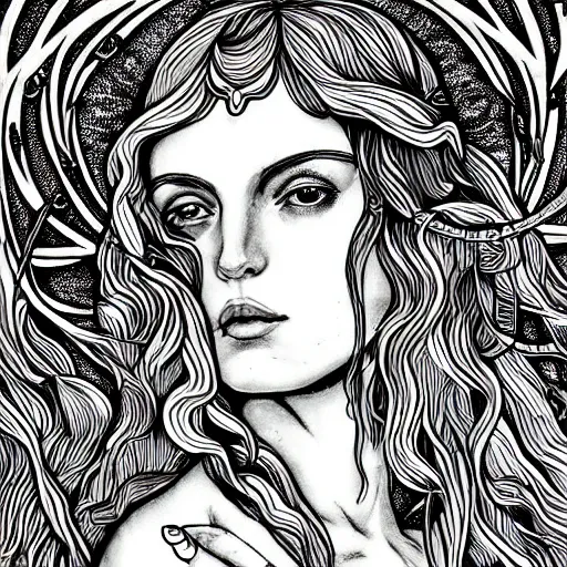 Prompt: a NeoPagan Goddess of Spring, inside her temple, in a style blend of Æon Flux and Botticelli, hyper detailed, photorealistic digital art, ethereal, extremely fine inking lines
