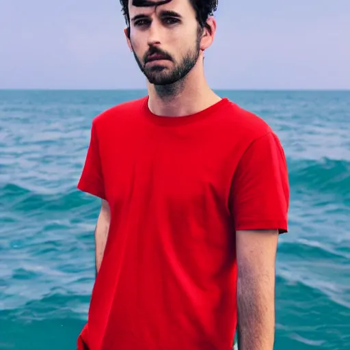 Prompt: guy with short dark hair on his side, dressed in a red t - shirt, standing still against the background of the sea digital art, 8 k, character, realism, portrait