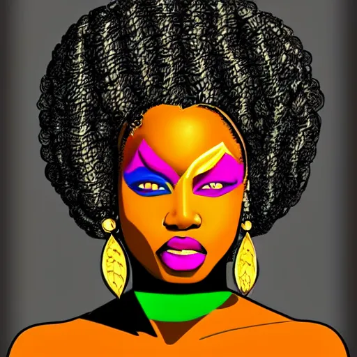 Prompt: black woman, afrofuturist, cell shaded, comic book style art, gold jewelry, simple face paint, retro, simple, 3/4 shot