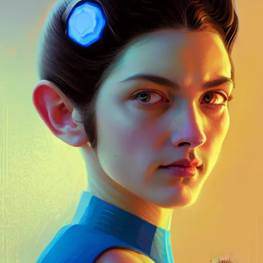 Image similar to head and shoulders portrait of a female Megaman hyperrealistic, digital illustration, dark fantasy, medium shot, intricate, elegant, highly detailed, digital painting, volumetric light, artstation, concept art, smooth, sharp focus, illustration by Sachin Teng, armor by Donato Giancola, face by Gil Elvgren, paintstrokes by Greg Manchess, background by Alphonse Mucha