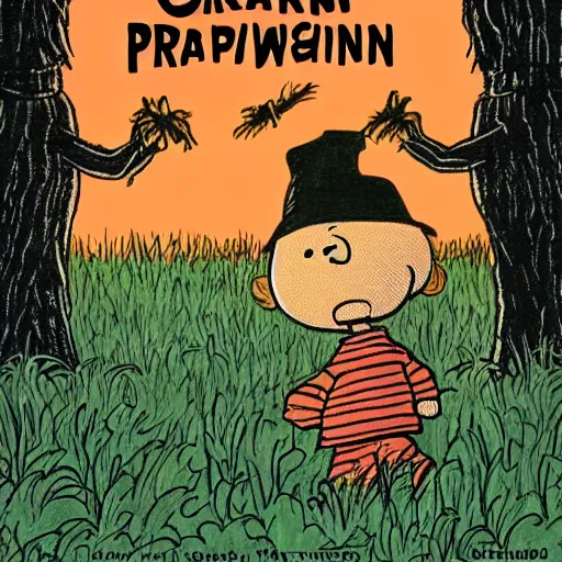 Image similar to the great pumpkin monster appears in a field and chases charlie brown and linus, dark, brooding, illustrated, award - winning, sinister,