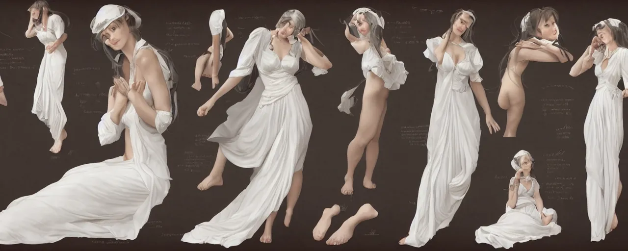 Prompt: character design, reference sheet, ancient white dress, relaxing, cute, young female, happy, beautiful, elegant, no shoes, open v chest clothes, long dark hair, concept art, photorealistic, hyperdetailed, 3d rendering! , art by Leyendecker! and constable,