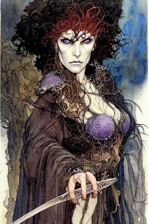 Prompt: a realistic and atmospheric watercolour fantasy character concept art portrait of a female necromancer looking at the camera with an intense gaze by rebecca guay, michael kaluta, charles vess and jean moebius giraud