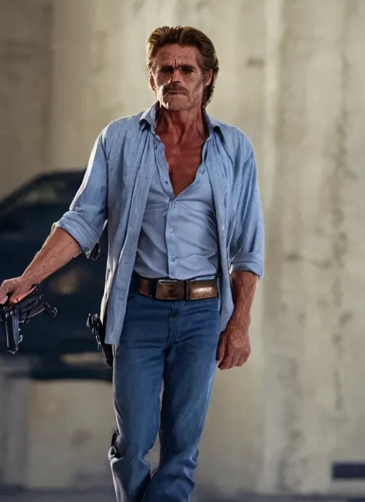 Prompt: film still of Willem Dafoe as Martin Riggs in Lethal Weapon, 4k