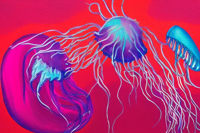 Prompt: painting of a vibrant pink jellyfish swimming underwater alone in the deep sea, focus on pink jellyfish, dark background, arcylic, neon