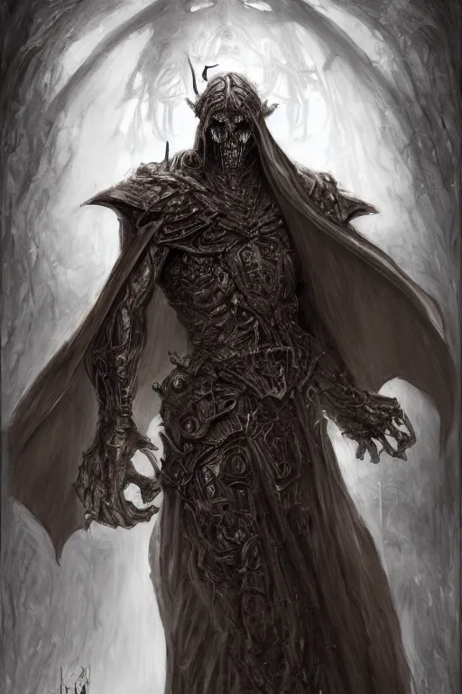 Prompt: portrait of hulking herculean ainz ooal gown undead, from overlord, warlock robes, upper body, fantasy, intricate, elegant, highly detailed, digital painting, artstation, concept art, sharp focus, illustration, art by luis royo, wayne barlowe, kirsi salonen, asya yoranova and alan lee