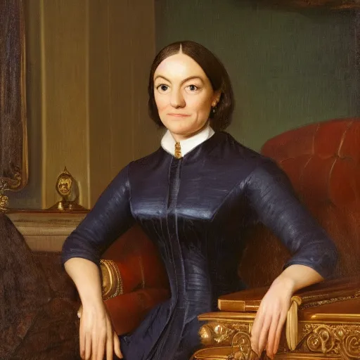 Prompt: official close - up portrait of liz truss in racoon city, alexandria ocasio - cortez, resolute desk, 1 8 4 8, oil on canvas by william sidney mount, trending on artstation, national archives,