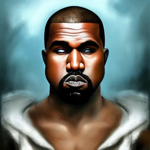 Image similar to cute Kanye West in God of War cover art, ultra wide lens shot , tiny, small, rage, short, cute and adorable, scary, brutal, pretty, beautiful, DnD character art portrait, matte fantasy painting, DeviantArt Artstation, by Jason Felix by Steve Argyle by Tyler Jacobson by Peter Mohrbacher, cinematic lighting