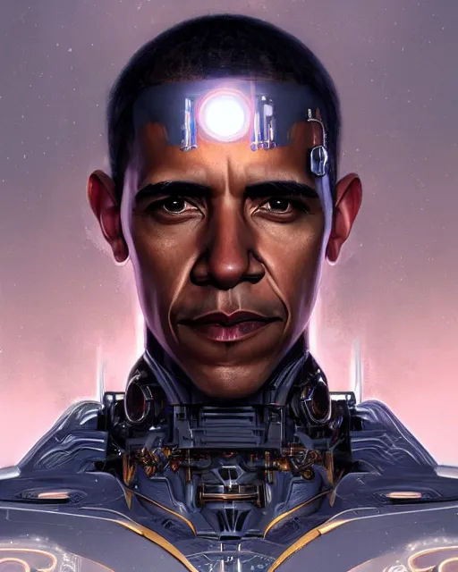 Prompt: portrait of holy cyborg barack obama savior, god, fantasy, intricate, elegant, highly detailed, digital painting, artstation, concept art, smooth, sharp focus, illustration, by artgerm and greg rutkowski