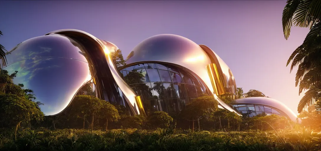 Image similar to futuristic shinny golden iridiscent mirror building in an jungle landscape of a biopunk city by zaha hadid and eladio dieste, movie poster, golden ratio, evening lighting, film still, realistic, octane render redshift arnold materials unreal engine, 8 k post production, hyper detailed