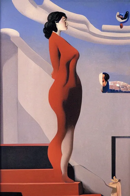 Image similar to painting of beautiful woman on infinite staircase watching man falling down, by de chirico, by magritte, by paula rego