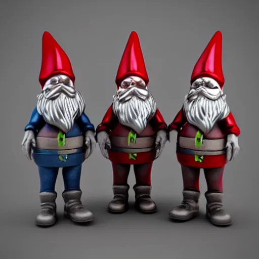 Image similar to garden gnome heavy metal band, 3d model, octane, metallic