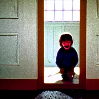 Prompt: a little kid looking through a vertical crack on a white wooden door while grinning maniacally, a film still from the 1 9 8 0 movie the shining, 8 k, grainy, portrait, extremely detailed, close - up, arriflex 3 5 bl