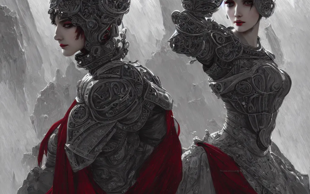 Image similar to portrait grey hair knights of zodiac girl + smoky eyes, matt black / little red color armor in ruined agora of athens, ssci - fi and fantasy, intricate and beautiful and elegant, highly detailed, digital painting, artstation, concept art, smooth and sharp focus, illustration, art by tian zi and wlop and alphonse mucha