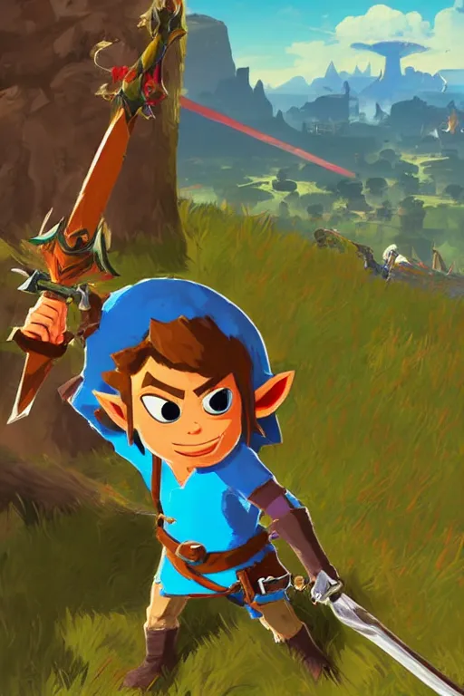 Image similar to an in game portrait of a. angry monkey holding the master sword from the legend of zelda breath of the wild, breath of the wild art style.