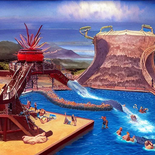Prompt: a floating waterpark on top of a volcano painting by brain froud, charles vess, cinematic lighting, epic composition, highly detailed