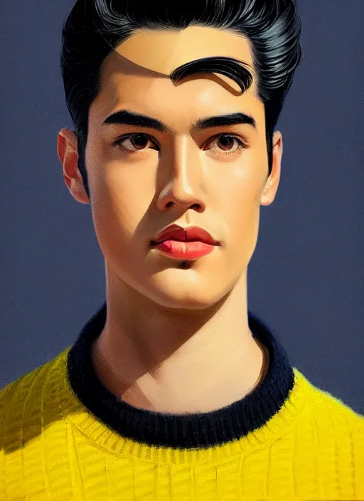 Image similar to portrait of young reggie mantle, mean smirk, egotistical, slicked back hair, striped yellow and black sweater, 1 9 5 0 s, intricate, elegant, glowing lights, highly detailed, digital painting, artstation, concept art, smooth, sharp focus, illustration, art by wlop, mars ravelo and greg rutkowski