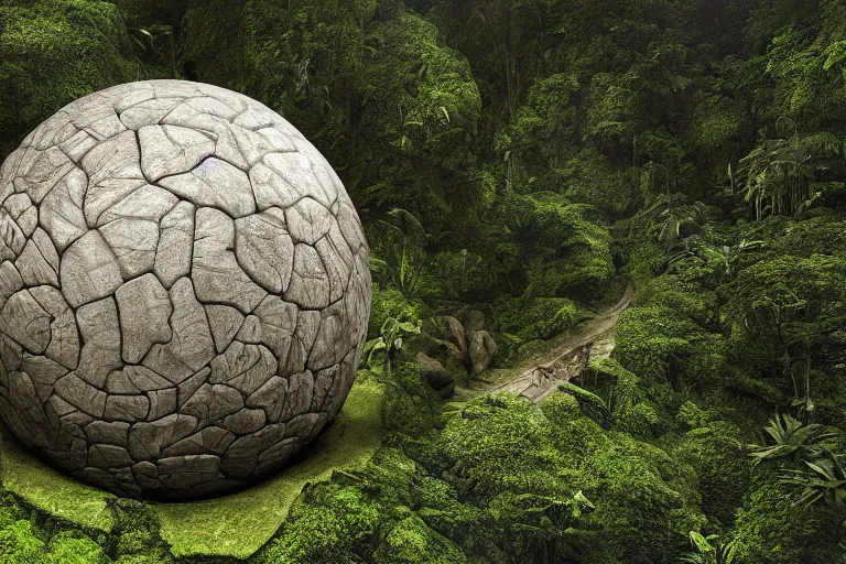 Prompt: photograph of a gigantic paleolothic sphere made of stone with highly detailed carvings of intricate shamanic robotic electronics and circuits, in a rain forest, inside a valley overlooking the amazon, by michal karcz, amazonian vista