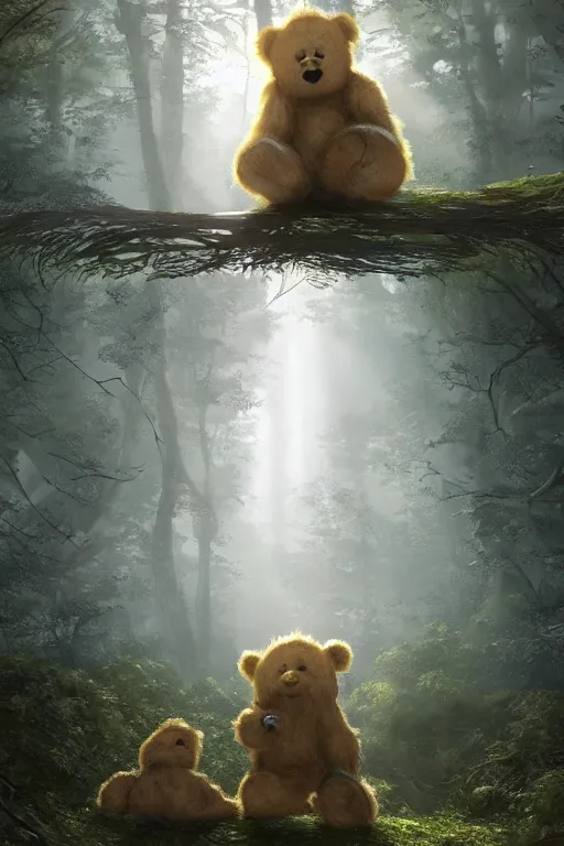 Image similar to mean fluffy teddybear protecting girl in a forest with rays of light coming through the canopy, masterpiece, dystopian, sci-fi, extremely detailed, digital painting, sculpted in zbrush, artstation, concept art, smooth, sharp focus, illustration, chiaroscuro lighting, golden ratio, incredible art, artgerm, greg rutkowski, alphonse mucha, simon stalenhag, carravaggio