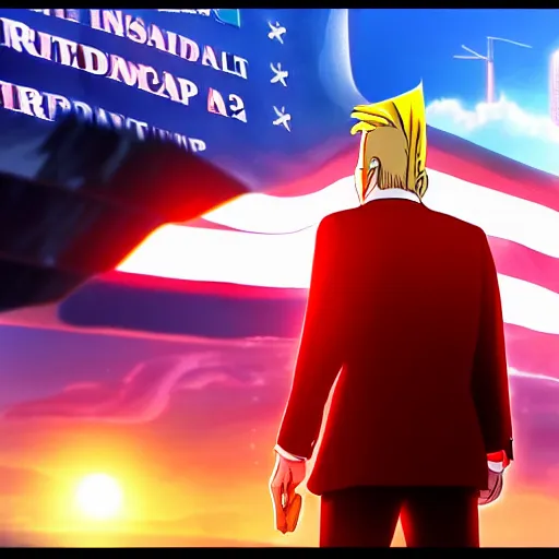 Image similar to A highly detailed screenshot of a new Donald Trump anime inspired by blade runner 2049, HDR, 8k, trending on artstation