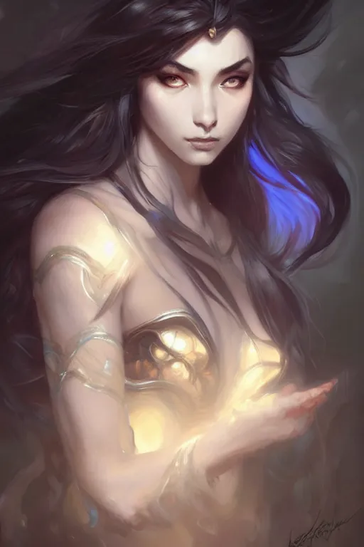 Image similar to portrait of Kalista from League of Legends, dreamy and ethereal and dark, dark eyes, smiling expression, dark fantasy, chaotic, elegant, highly detailed, digital painting, artstation, concept art, smooth, sharp focus, illustration, art by artgerm and greg rutkowski and alphonse mucha