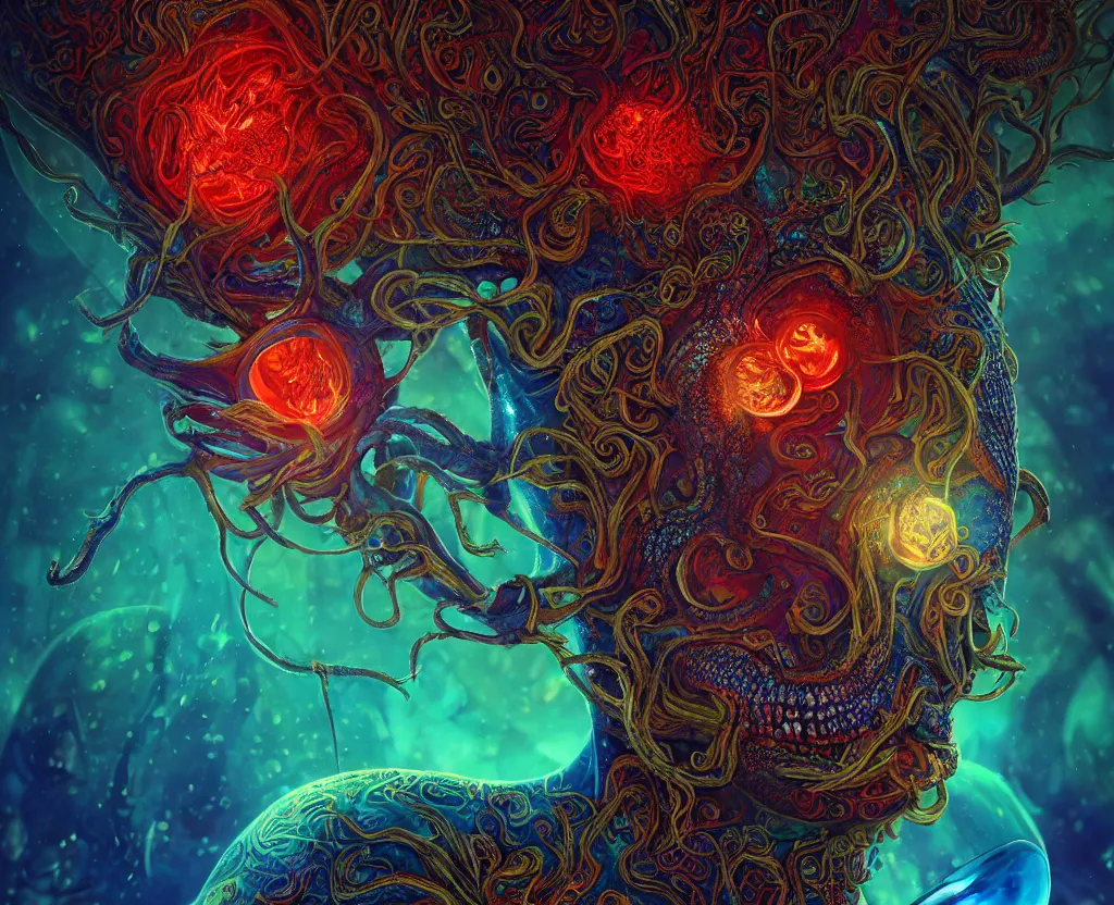 Image similar to psychedelic shaman close-up portrait. amanita muscaria phoenix head, nautilus, insect, skull, ice and fire, bioluminiscent creatures, intricate artwork by Tooth Wu and wlop and beeple. octane render, trending on artstation, greg rutkowski very coherent symmetrical artwork. cinematic, hyper realism, high detail, octane render, 8k