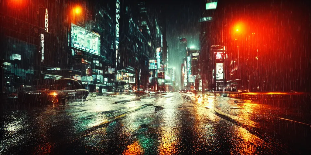 Image similar to a city street at night, raining, photograph, cars on the road, cyberpunk, sharp focus, intricate detail